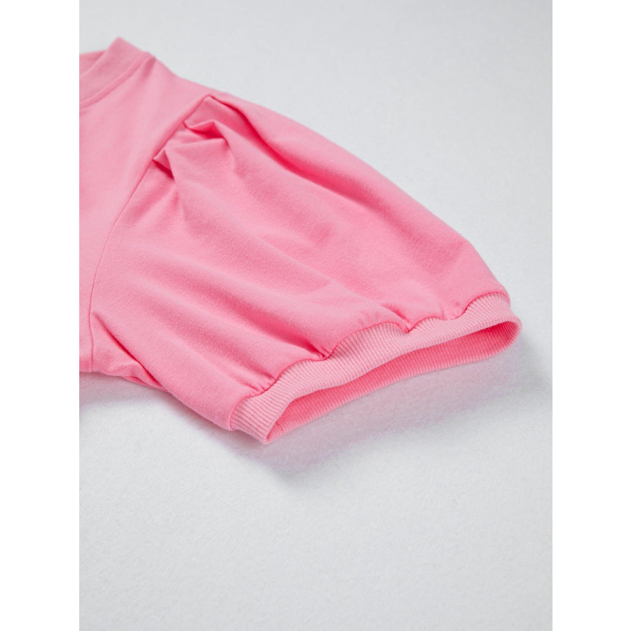 Solid Color V Neck Short Puff Sleeve Blouse Apparel and Accessories