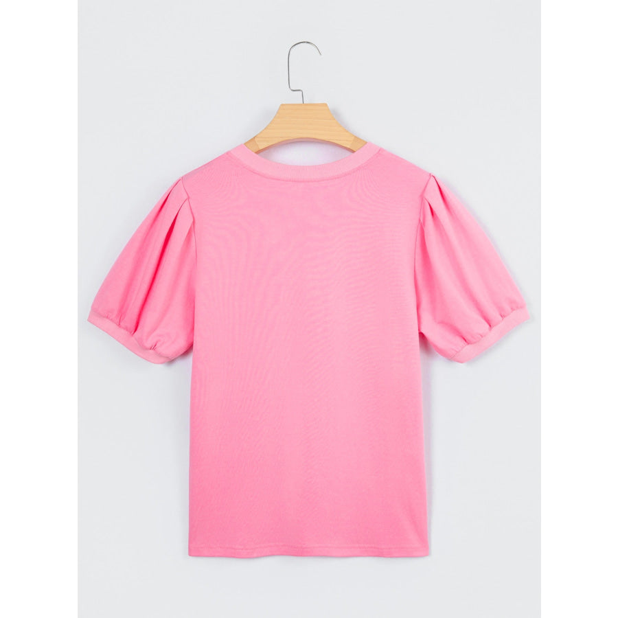 Solid Color V Neck Short Puff Sleeve Blouse Apparel and Accessories