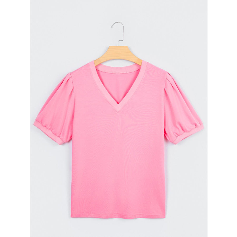Solid Color V Neck Short Puff Sleeve Blouse Apparel and Accessories