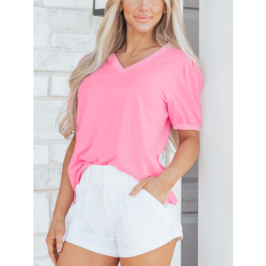 Solid Color V Neck Short Puff Sleeve Blouse Apparel and Accessories
