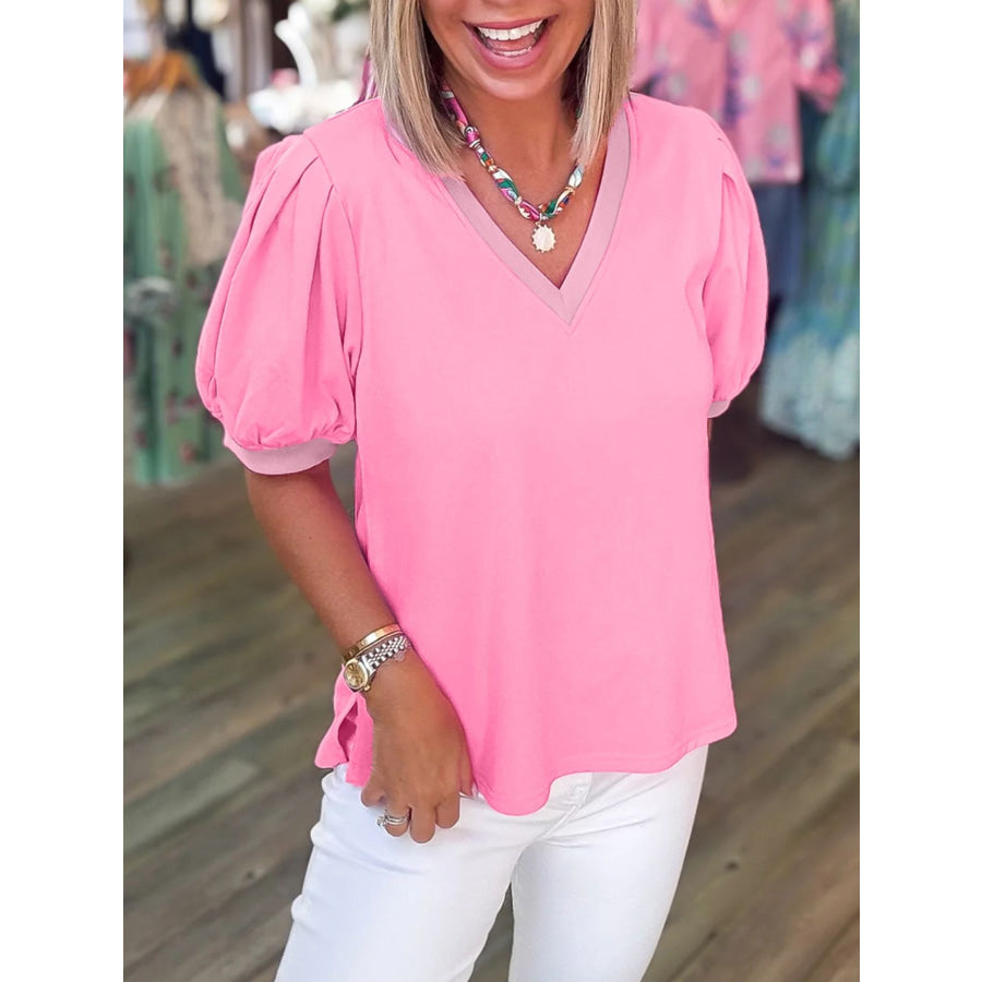 Solid Color V Neck Short Puff Sleeve Blouse Pink / S Apparel and Accessories