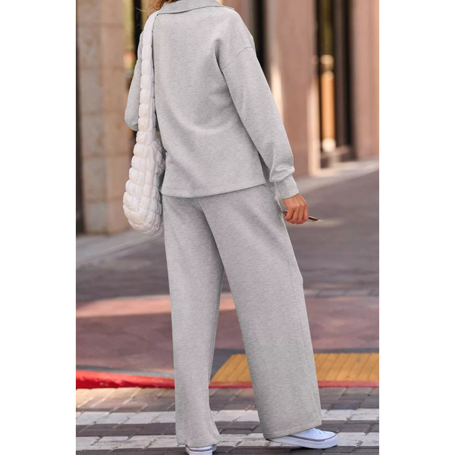 Solid Color V Neck Top and High Waist Pants Set Apparel and Accessories