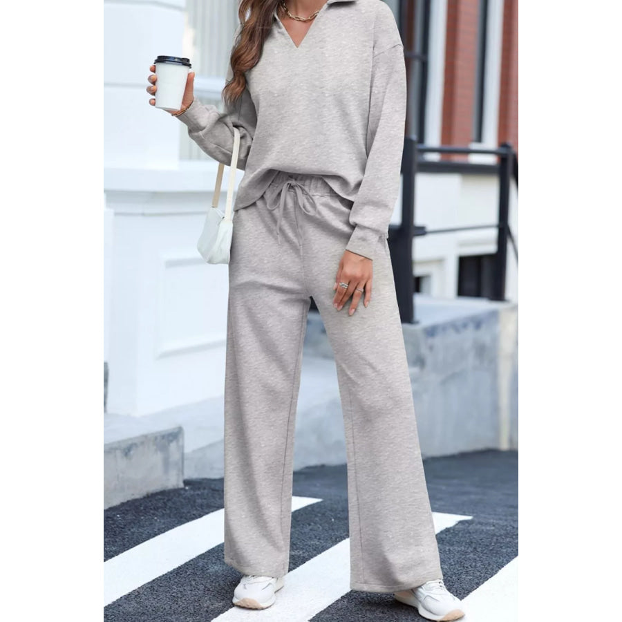 Solid Color V Neck Top and High Waist Pants Set Apparel and Accessories
