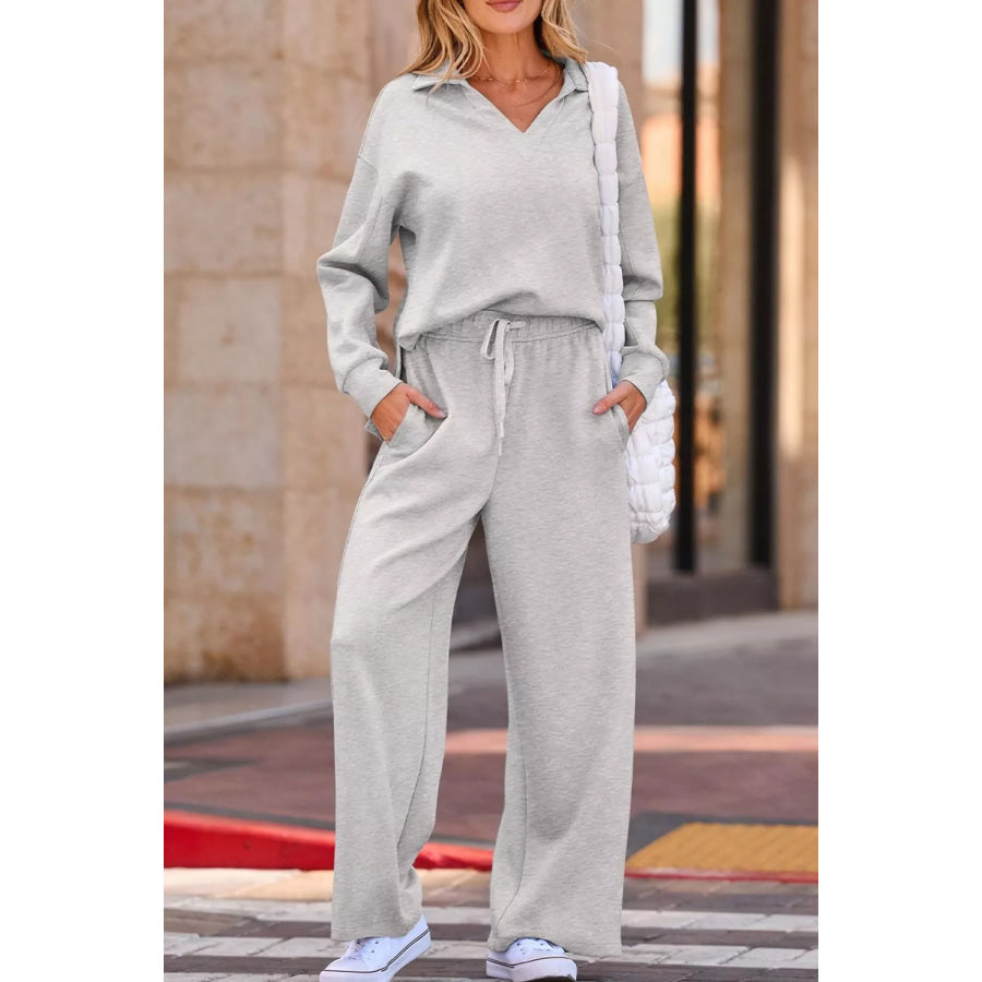 Solid Color V Neck Top and High Waist Pants Set Apparel and Accessories