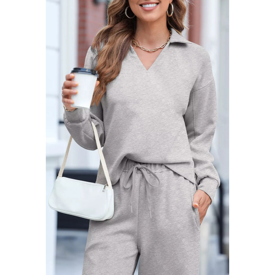 Solid Color V Neck Top and High Waist Pants Set Apparel and Accessories