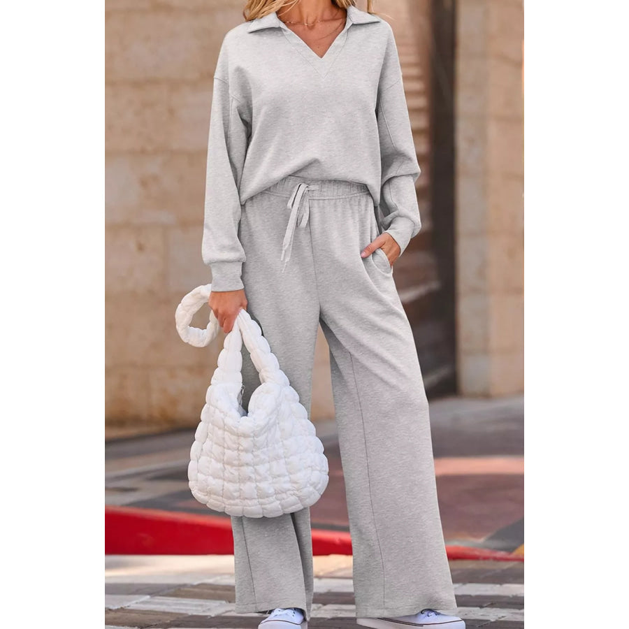 Solid Color V Neck Top and High Waist Pants Set Light Gray / S Apparel and Accessories
