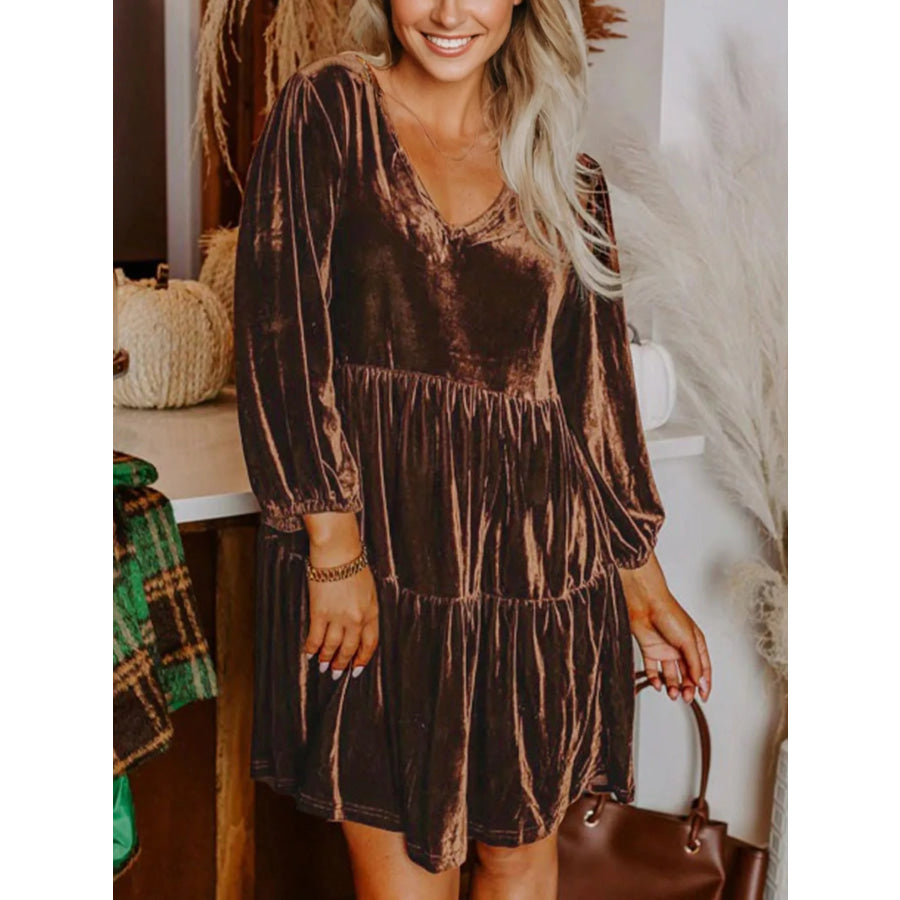 Solid Color Velvet V Neck Long Sleeve Tiered Mini Dress Brown / S Apparel and Accessories