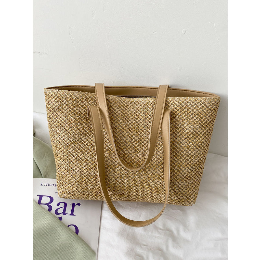 Solid Color Woven Tote Bag Khaki / One Size Apparel and Accessories