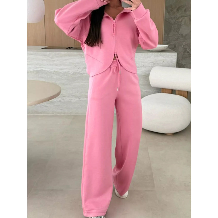 Solid Color Zip Up Hoodie Drawstring Loose Pants Set Apparel and Accessories