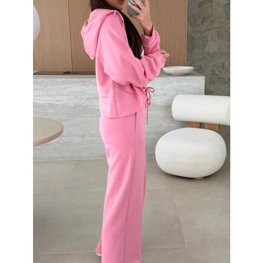 Solid Color Zip Up Hoodie Drawstring Loose Pants Set Apparel and Accessories