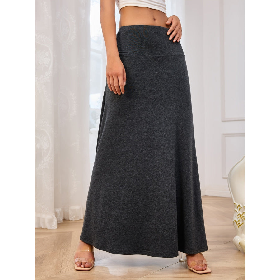 Solid Elastic Waist Maxi Skirt Dark Gray / S Apparel and Accessories