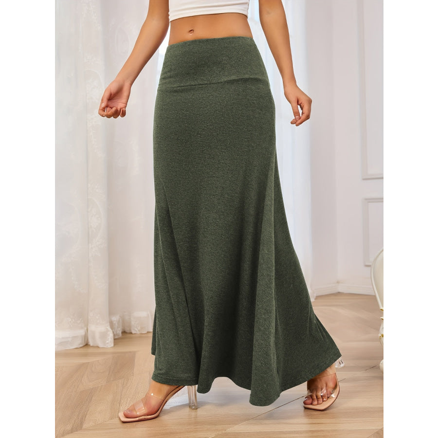 Solid Elastic Waist Maxi Skirt Army Green / S Apparel and Accessories