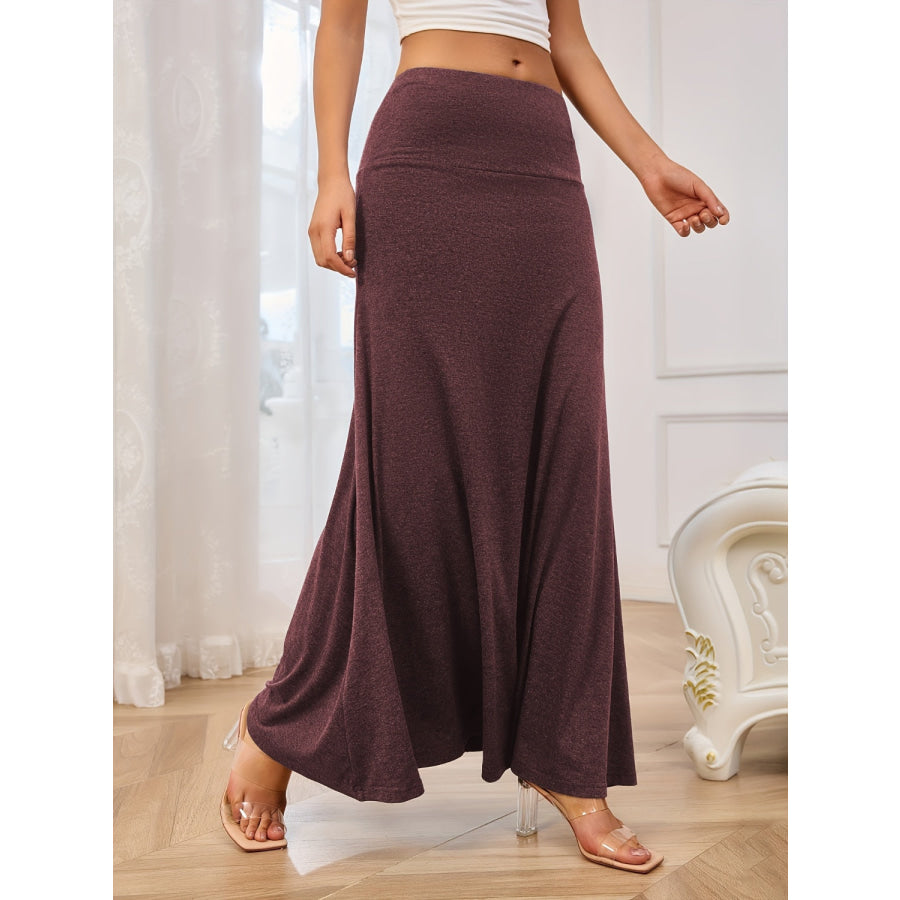 Solid Elastic Waist Maxi Skirt Burgundy / S Apparel and Accessories