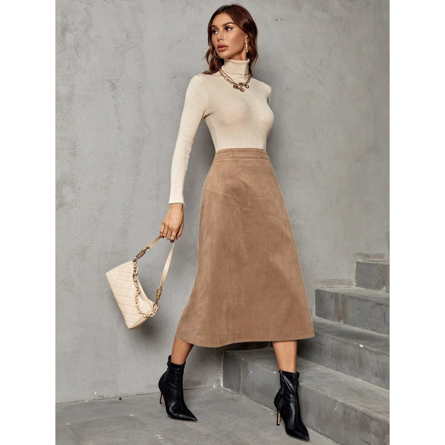 Solid High Waist Midi Skirt Apparel and Accessories