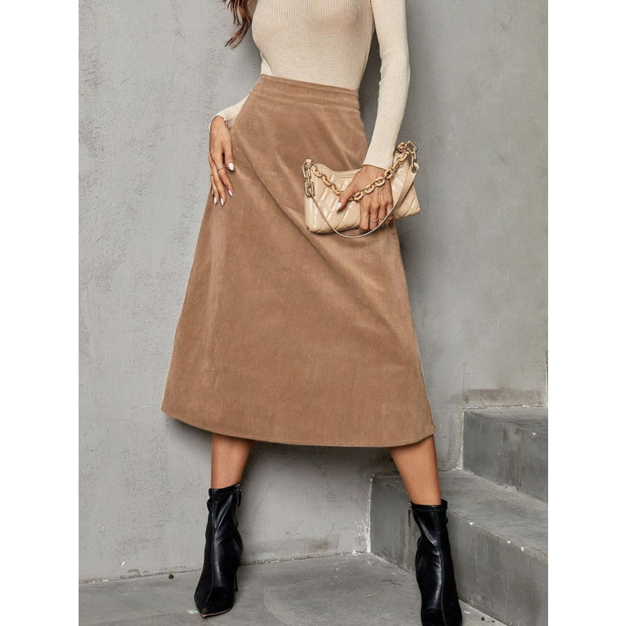 Solid High Waist Midi Skirt Camel / S Apparel and Accessories