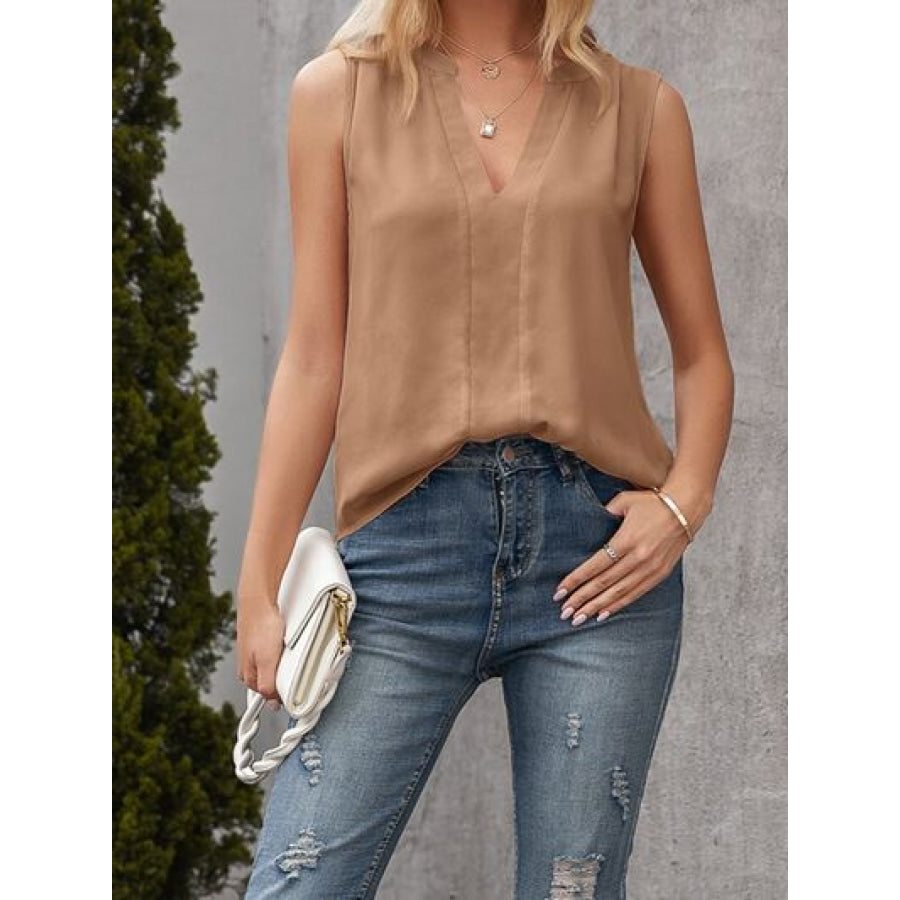 Solid Notched Sleeveless Blouse Apparel and Accessories