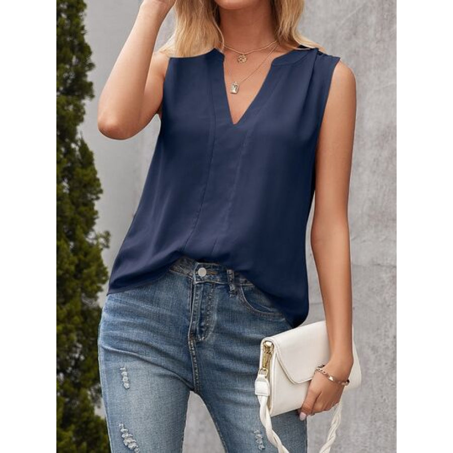 Solid Notched Sleeveless Blouse Apparel and Accessories