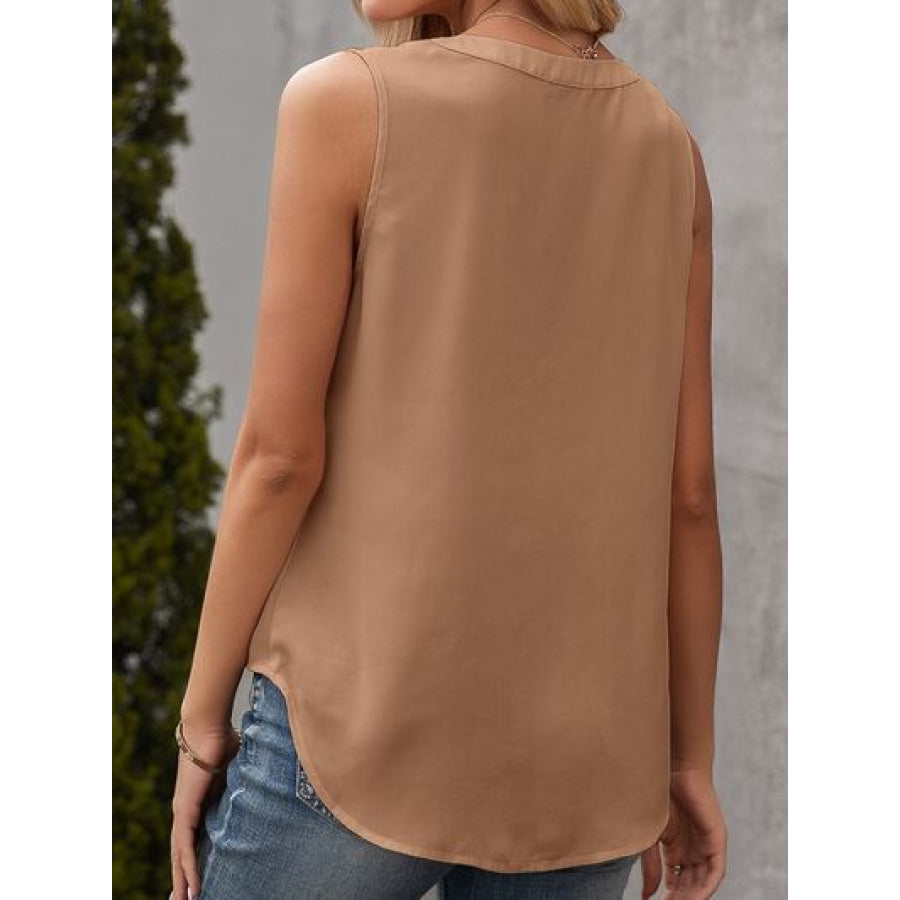 Solid Notched Sleeveless Blouse Apparel and Accessories