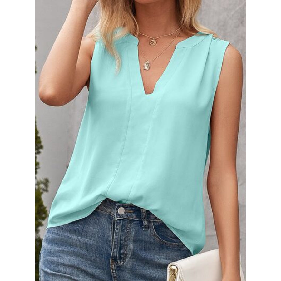 Solid Notched Sleeveless Blouse Apparel and Accessories