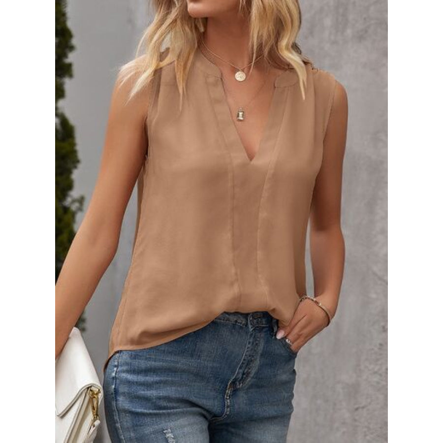 Solid Notched Sleeveless Blouse Camel / S Apparel and Accessories