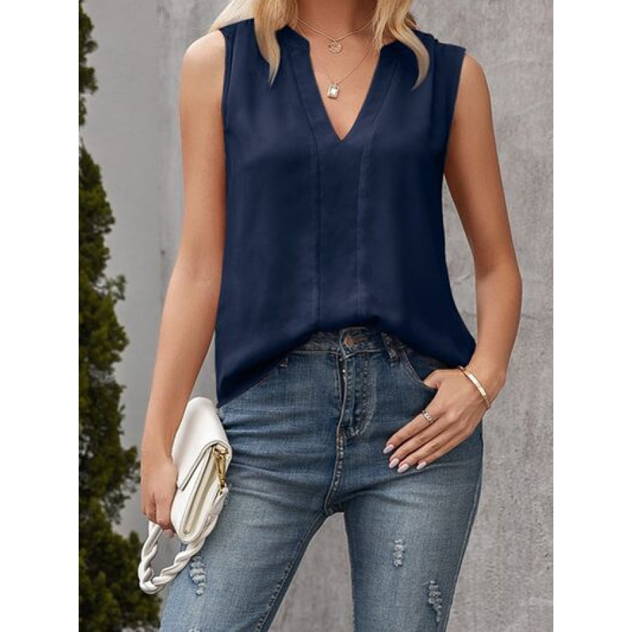 Solid Notched Sleeveless Blouse Navy / S Apparel and Accessories