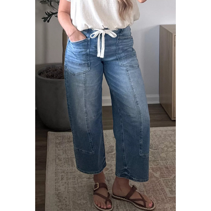 Solid Patchwork Grommet Tie Waist Loose Ankle-Length Jeans Apparel and Accessories