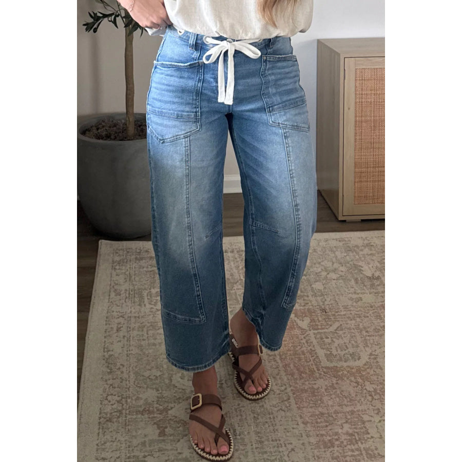 Solid Patchwork Grommet Tie Waist Loose Ankle-Length Jeans Apparel and Accessories