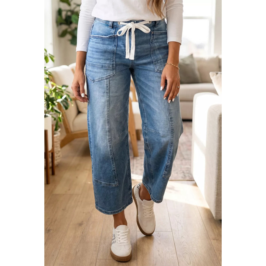 Solid Patchwork Grommet Tie Waist Loose Ankle-Length Jeans Medium / 4 Apparel and Accessories