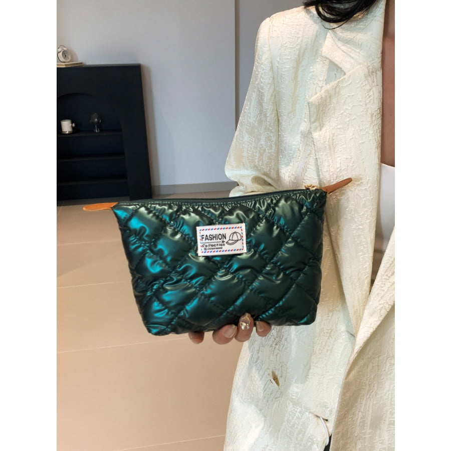 Solid Quilted Clutch with Zipper Dark Green / One Size Apparel and Accessories