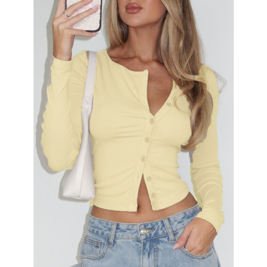 Solid Round Neck Button Up Long Sleeve Top Apparel and Accessories