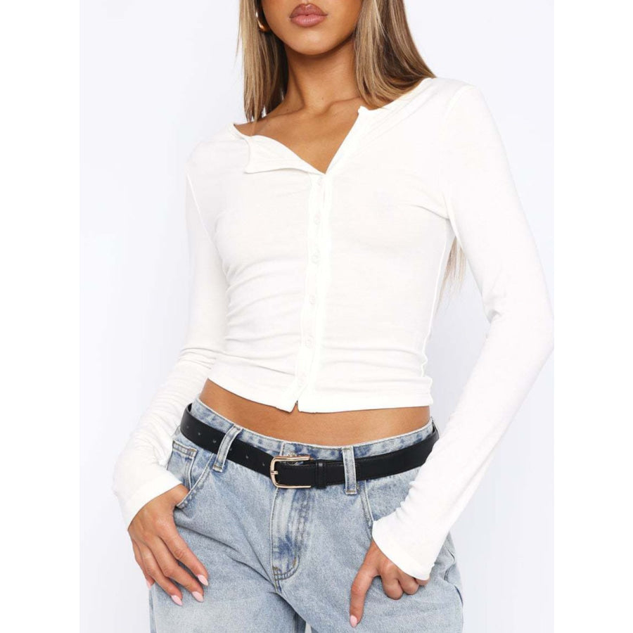 Solid Round Neck Button Up Long Sleeve Top Apparel and Accessories