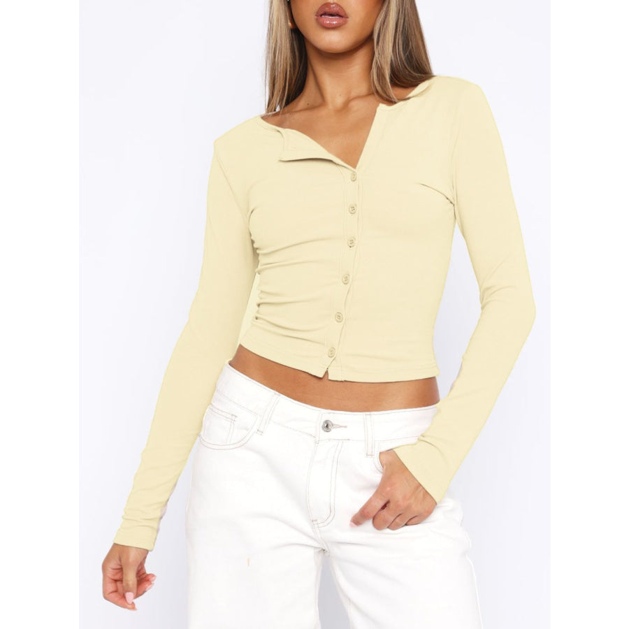 Solid Round Neck Button Up Long Sleeve Top Pastel Yellow / XS Apparel and Accessories