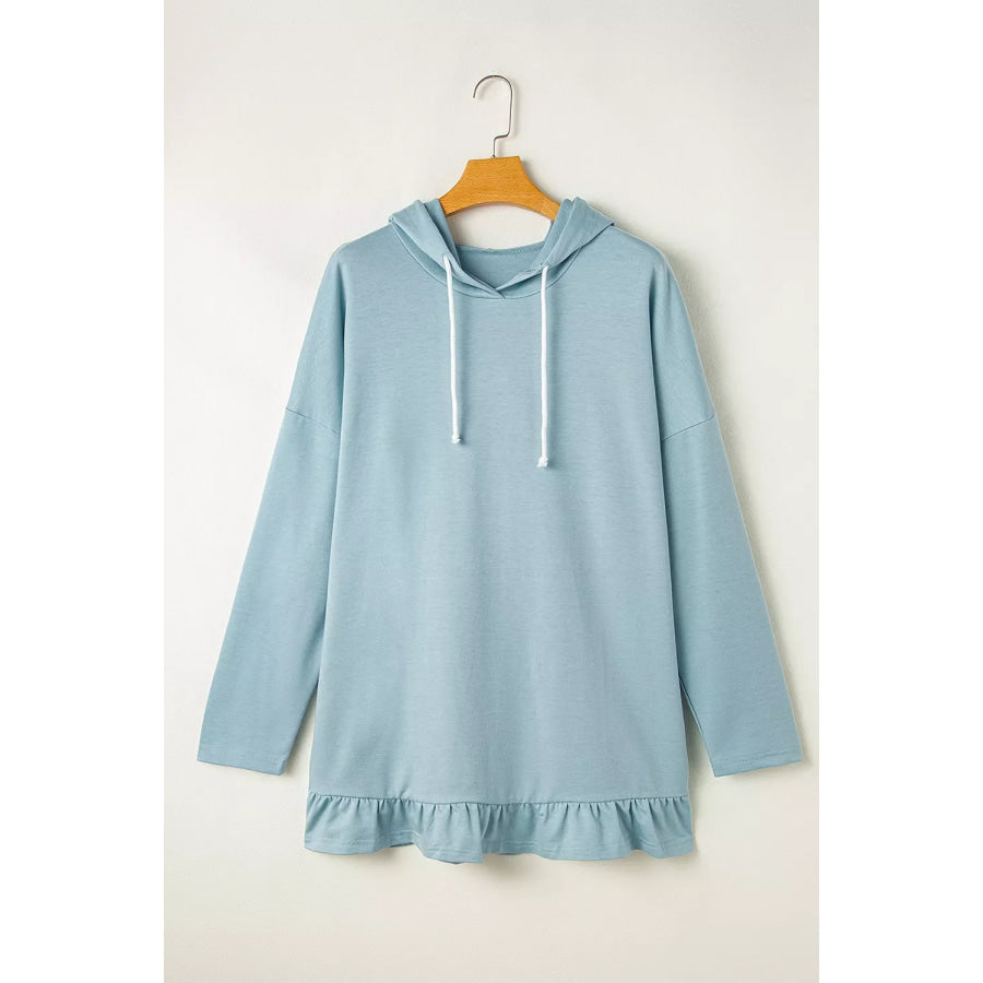 Solid Ruffled Hem Loose Fit Tunic Hoodie Apparel and Accessories