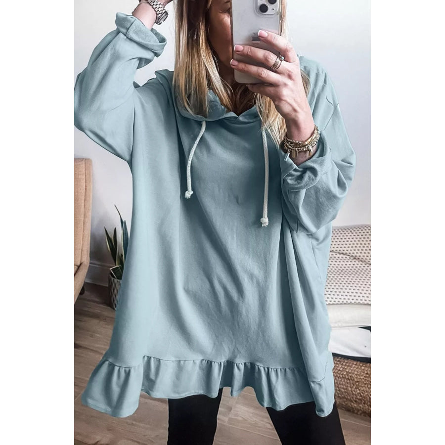Solid Ruffled Hem Loose Fit Tunic Hoodie Light Blue / S Apparel and Accessories