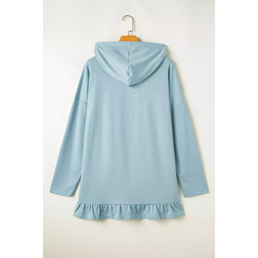 Solid Ruffled Hem Loose Fit Tunic Hoodie Apparel and Accessories