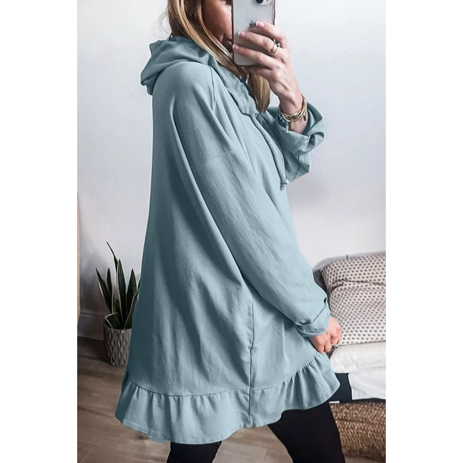 Solid Ruffled Hem Loose Fit Tunic Hoodie Apparel and Accessories