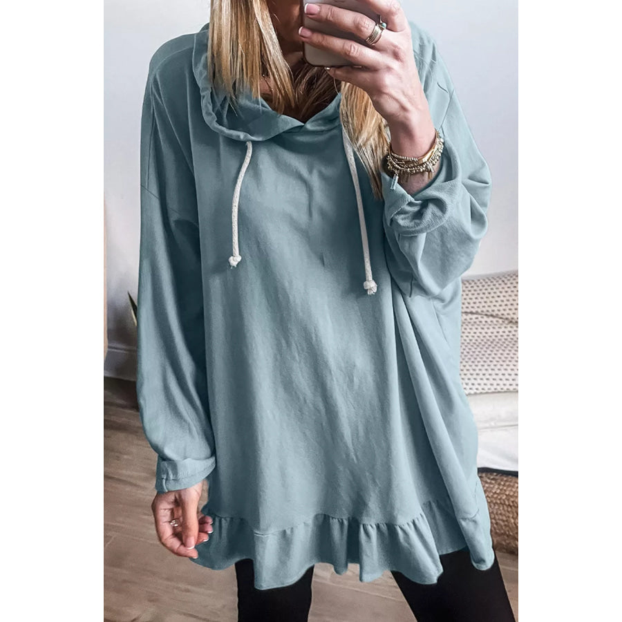 Solid Ruffled Hem Loose Fit Tunic Hoodie Light Blue / S Apparel and Accessories