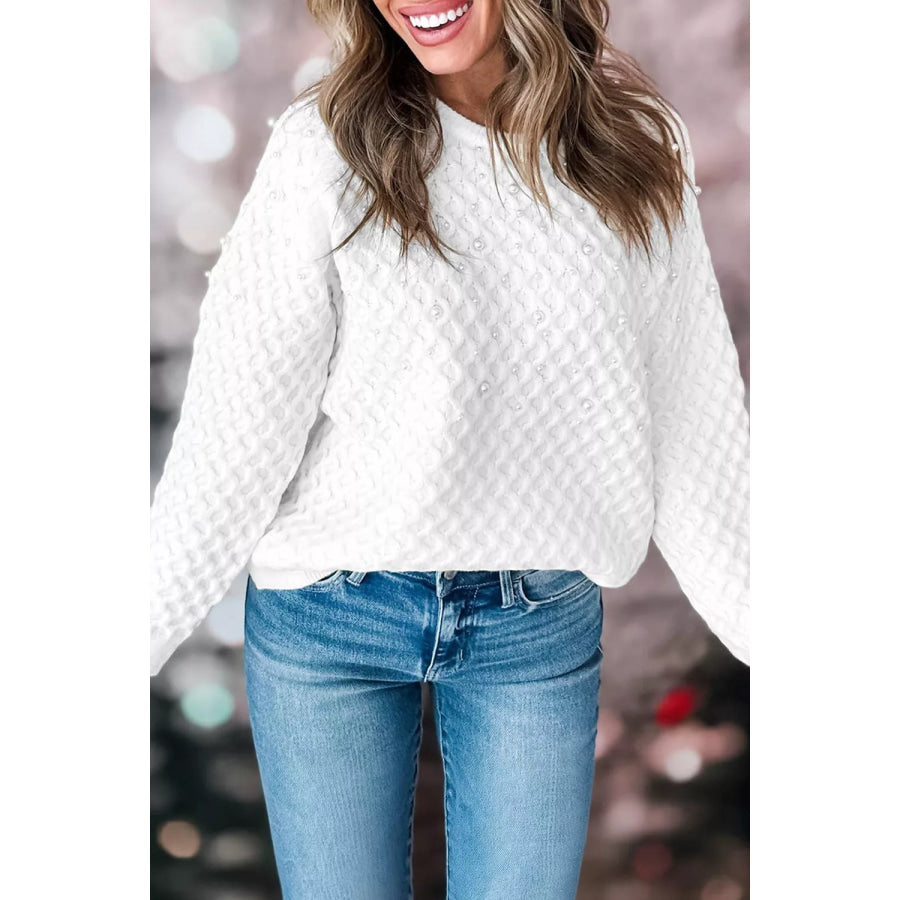 Solid Textured Knit Pearl Embellished Pullover Sweater Apparel and Accessories
