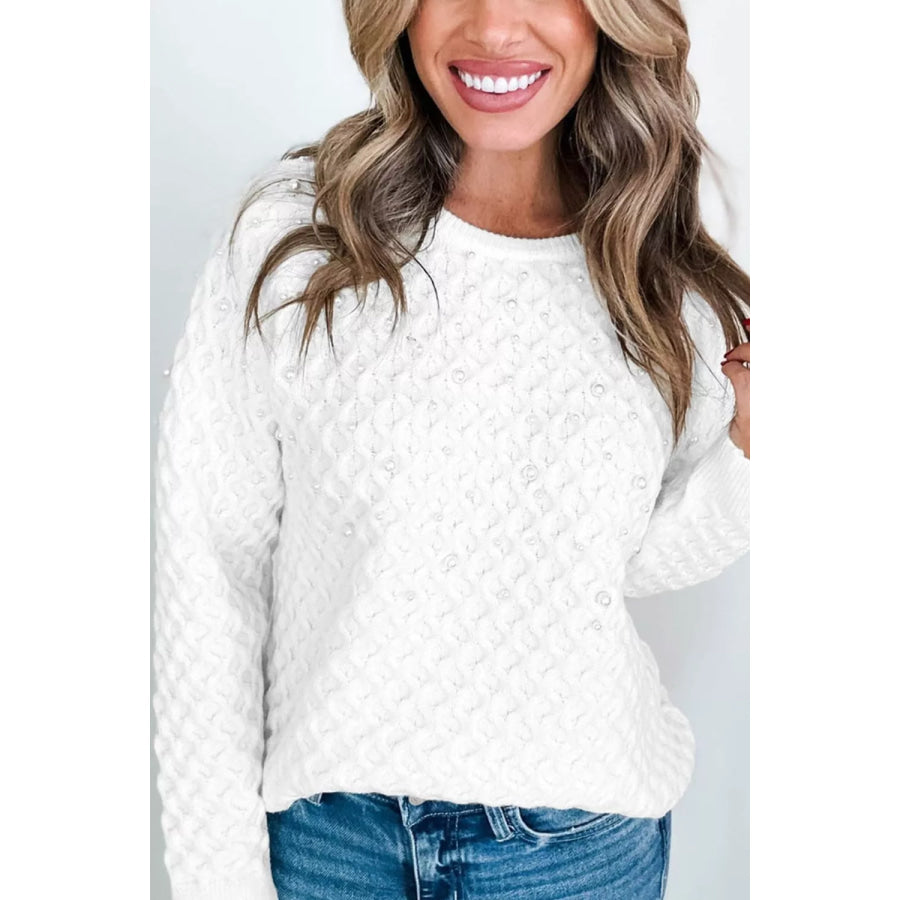 Solid Textured Knit Pearl Embellished Pullover Sweater White / S Apparel and Accessories