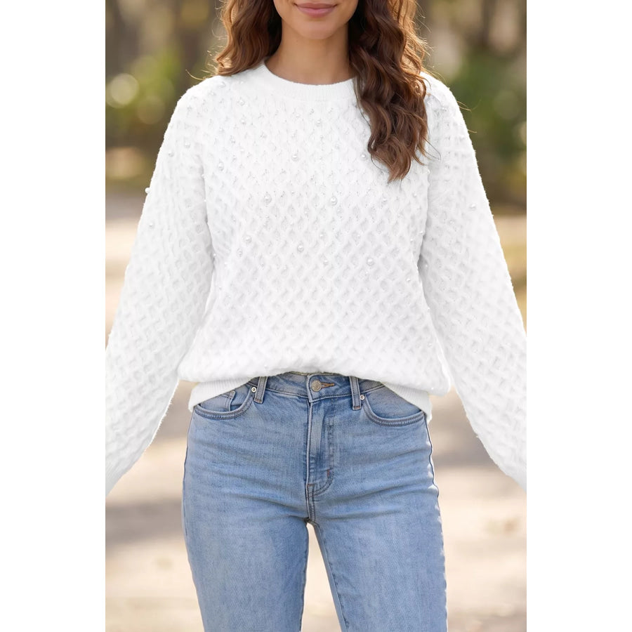 Solid Textured Knit Pearl Embellished Pullover Sweater White / S Apparel and Accessories
