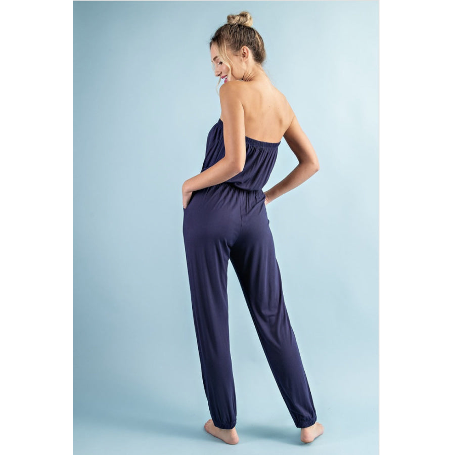 NEW! Solid Tube Jumpsuit with Drawstring Waist Jogger Legs and Pockets Jumpsuit