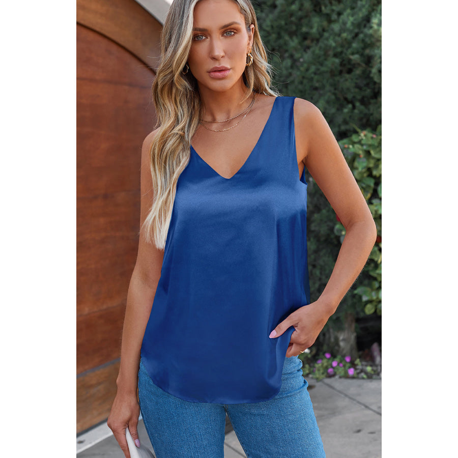 Solid V - Neck Wide Strap Tank Peacock Blue / S Apparel and Accessories