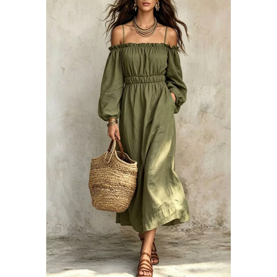 Spaghetti Strap Balloon Sleeve Dress Army Green / S Apparel and Accessories