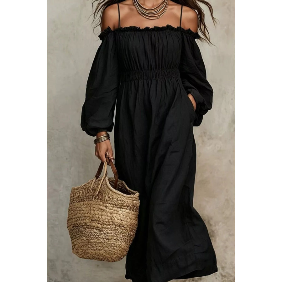Spaghetti Strap Balloon Sleeve Dress Black / S Apparel and Accessories