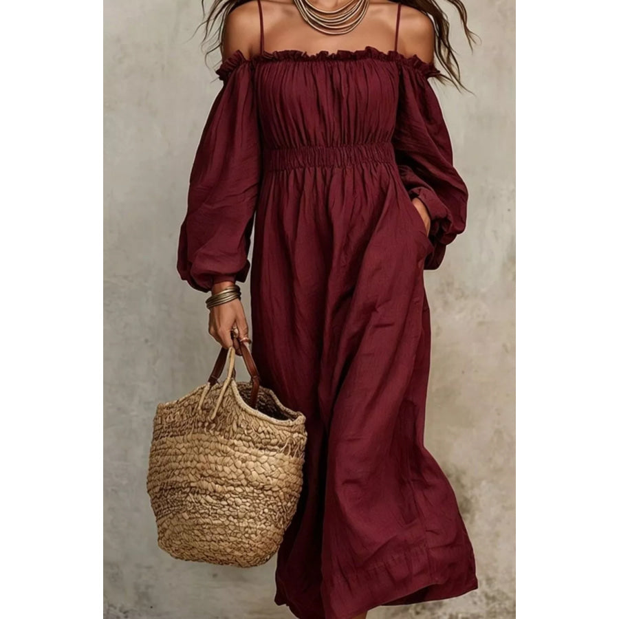 Spaghetti Strap Balloon Sleeve Dress Burgundy / S Apparel and Accessories
