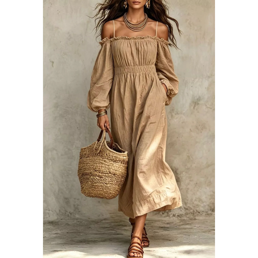 Spaghetti Strap Balloon Sleeve Dress Khaki / S Apparel and Accessories