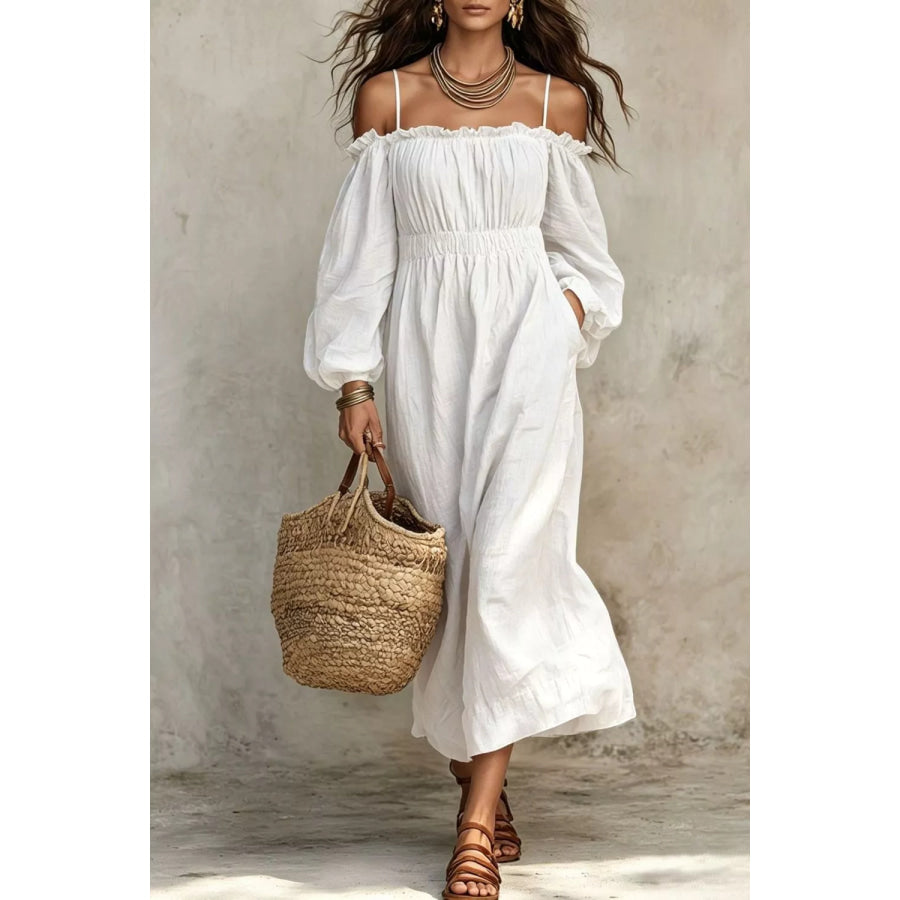 Spaghetti Strap Balloon Sleeve Dress White / S Apparel and Accessories