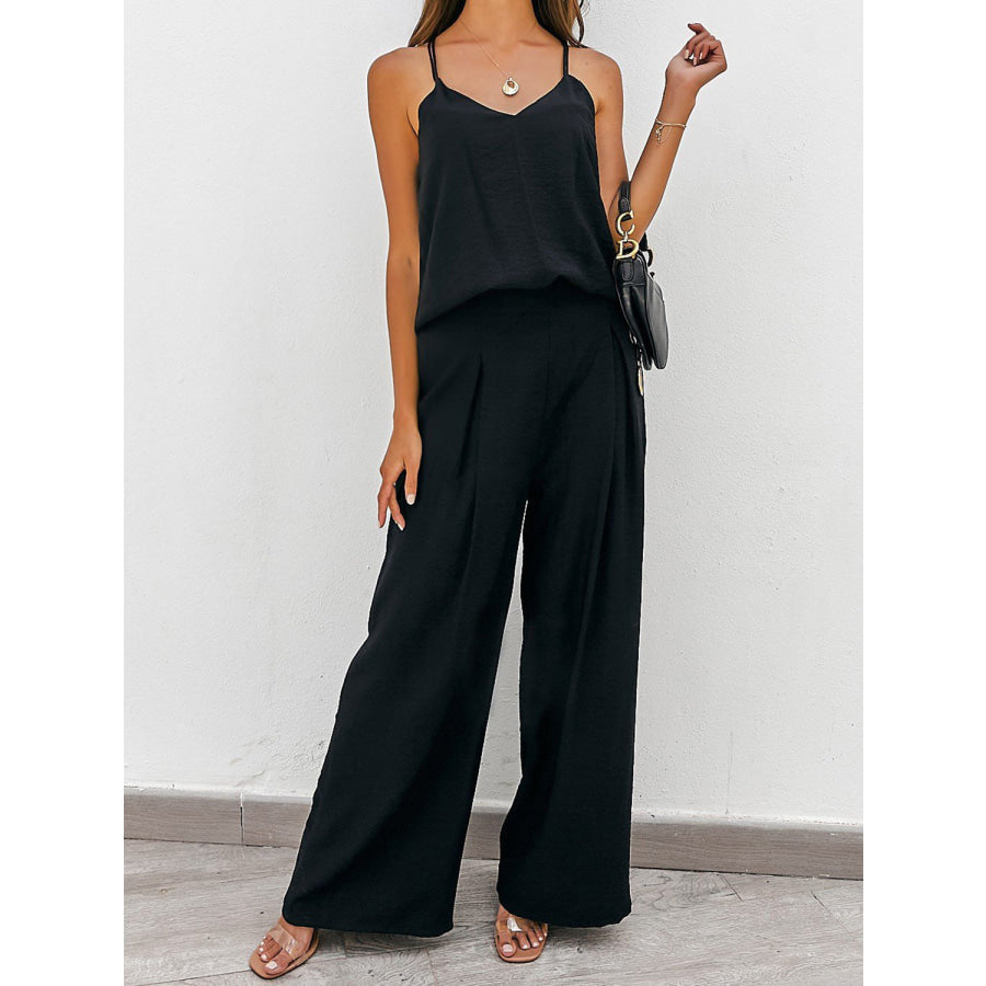 Spaghetti Strap Cami and Wide Leg Pants Set Black / S Apparel Accessories