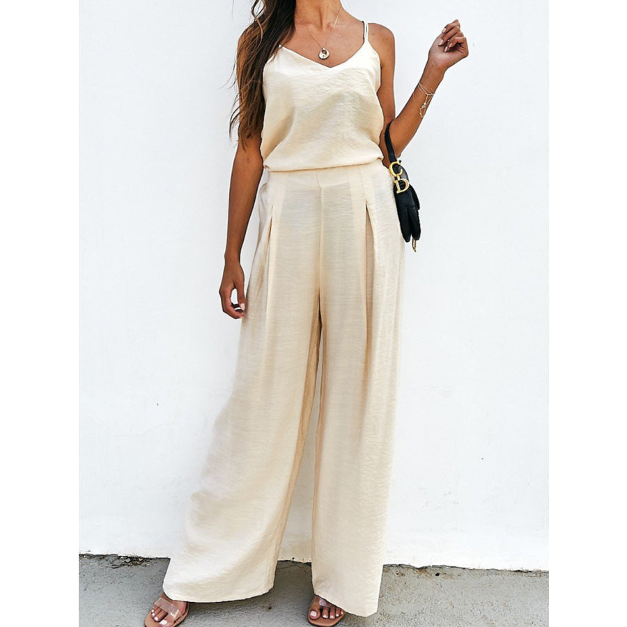 Spaghetti Strap Cami and Wide Leg Pants Set Cream / S Apparel Accessories