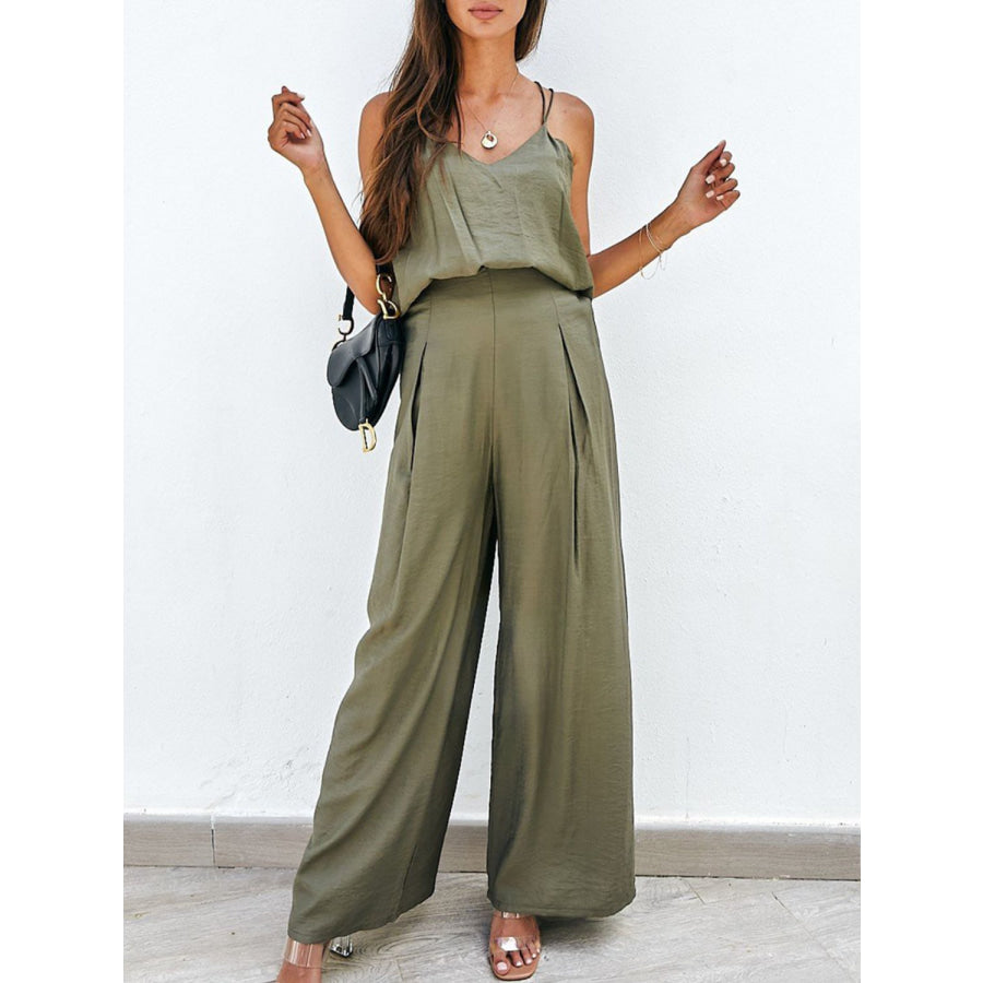 Spaghetti Strap Cami and Wide Leg Pants Set Moss / S Apparel Accessories